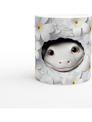 Beyaz Çiçekler Arasında Sevimli Semender Temalı Baskılı Kupa Bardak