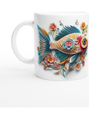 Kağıt Kesim Stilinde Çiçekli Renkli Balık Kupa Bardak