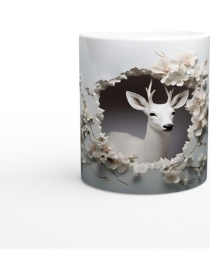 Çiçekler Arasında Beliren Beyaz Geyik Baskılı Kupa Bardak