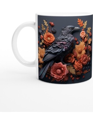 Çiçekler Arasında Mor Tüyleriyle Karga Temalı Baskılı Kupa Bardak