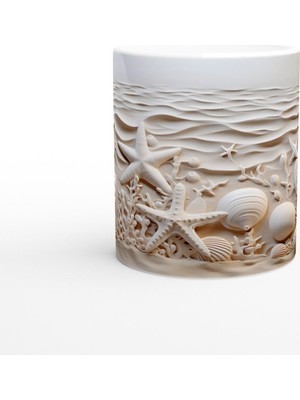 Krem Dalgalar ve Deniz Yıldızlarıyla Su Altı Temalı Kupa Bardak
