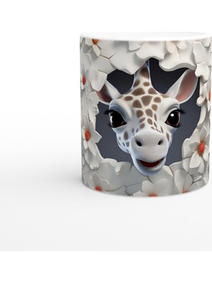 Beyaz Çiçekler Arasında Zürafa Temalı Baskılı Kupa Bardak