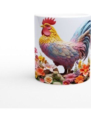 Renkli Çiçekler Arasında Pastel Horoz Baskılı Kupa Bardak