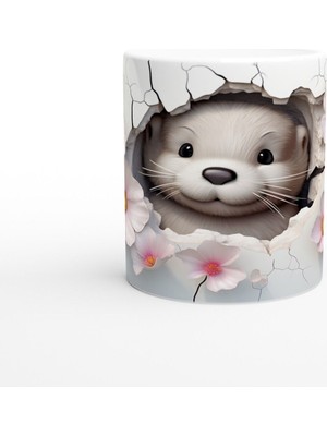 Pembe Çiçekler Arasında Yüzünü Uzatan Su Samuru Baskılı Kupa Bardak