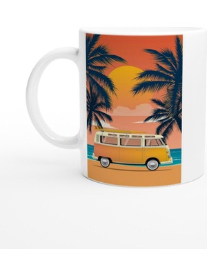 Gün Batımında Palmiye ve Surf Minibüsü Temalı Retro Kupa Bardak