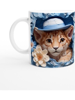 Mavi Şapkalı Çiçekler Arasında Yavru Kaplan Temalı Baskılı Kupa Bardak