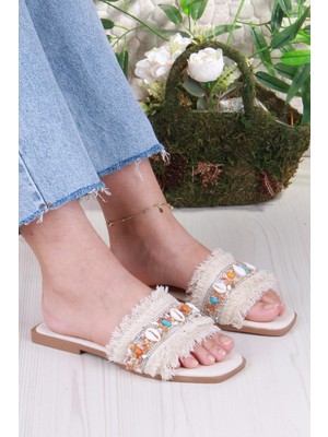 Fort 3572 Keten Bonçuk Taş Detaylı Tatil Terliği Günlük Terlik Kadın Terlik