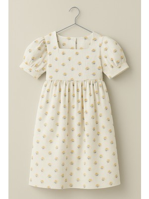 Kız Çocuk Kare Yaka Çiçek Desenli Yazlık Elbise – 1-10 Yaş