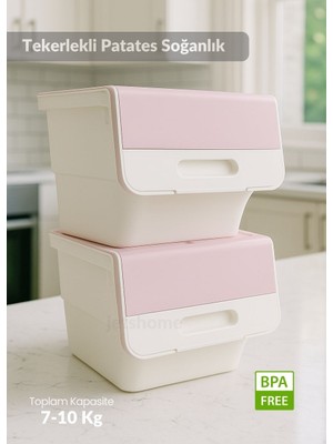 2’li Tekerlekli Patateslik Soğanlık Erzak Kutusu Organizer Sebzelik Beyaz-Pembe 24 Lt