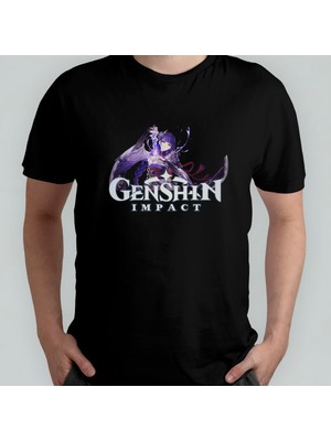 Pixxa Genshin Impact Raiden Shogun Unisex %100 Pamuklu Bisiklet Yaka T-Shirt Model 2