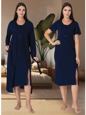 Dvina Effortt Lohusa Sabahlıklı Gecelik Takımı Lacivert - 3075