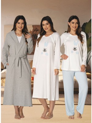 Dvina Effortt Lohusa Hayvan Figürlü 4'lü Set - Sabahlık/pijama Takımı/gecelik Mavi - 3096