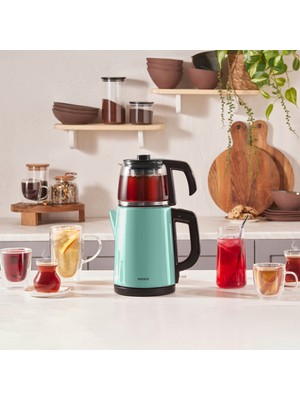 Karaca Tea Glass 2 In 1 Çelik Çay Makinesi ve Kettle Blue Mist