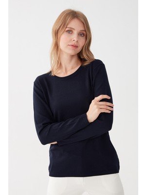 Desen Triko Kadın Likralı Uzun Kol Basic Sıfır Yaka Bluz Koyu Lacivert
