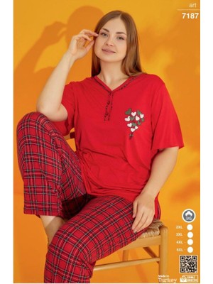 Kadın Battal Büyük Beden  Düğmeli Kısa Kol Pijama Takımı 7178