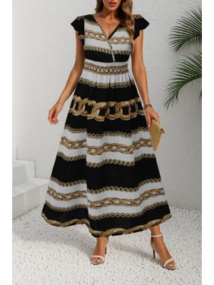 Kadın Kısa Kollu Kruvaze Yakalı Beli Lastikli Desenli Maksi Boy Örme Krep Elbise