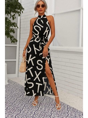 Kadın Omuzlardan Açık Halter Yakalı Yırtmaçlı Çiçek Desenli Süprem Elbise