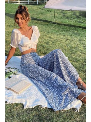 Merry See Kadın Çiçek Desenli Yüksek Bel Ispanyol Paça Dokuma Pantolon M Modeli Polyester