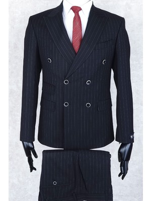 Jan Carlucci Slim Fit Geniş Sivri Yaka-Çift Yırtmaç Koyu Lacivert Çizgili Çift Cep Kruvaze Drop 6 Takım Elbise