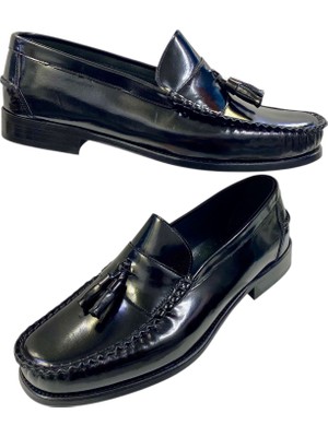 Erkek Püsküllü Loafer Deri Siyah Açma Içi Deri Kösele TABAN-671-SİYAH