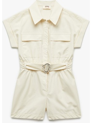 Cep ve Kemer Detaylı Pamuklu Gömlek Yaka Kısa Tulum