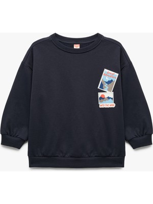 Uzun Kollu Bisiklet Yaka Baskılı Pamuklu Sweatshirt