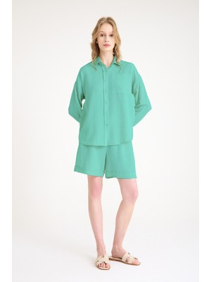 Yazlık Uzun Kol Gömlek Şort Ikili Keten Su Yeşili Takım