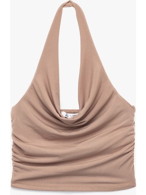 Drapeli Degaje Yaka Kolsuz Slim Fit Crop Bluz