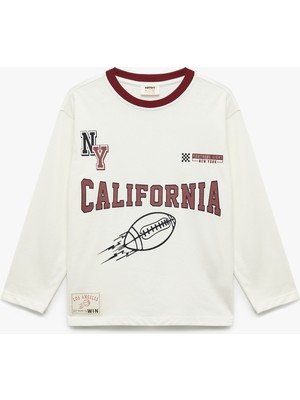 Baskılı Uzun Kollu Bisiklet Yaka Pamuklu Tişört