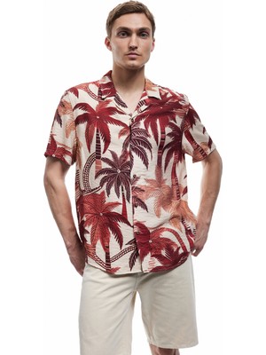 Kısa Kollu Regular Fit Devrik Yaka Viskon Palmiye Desenli Hawaii Gömlek