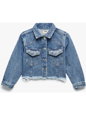 Uzun Kollu Taş Detaylı Cepli Pamuklu Denim Ceket