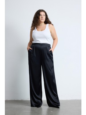Brıttany Geniş Paça Büyük Beden Saten Pantolon Siyah