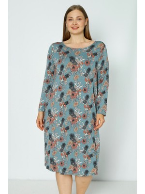 Desenli Uzun Kollu Büyük Beden Likralı Viskon Gecelik