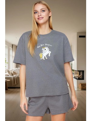 Kadın Melanj Baskılı Pijama Takımı Regular Kalıp Kısa Kollu Yazlık Günlük Kullanım Için Yüksek Kalite