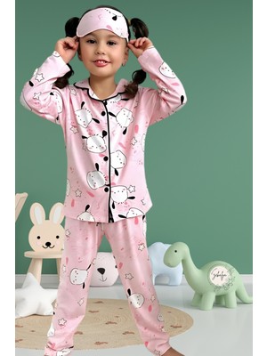 Sevimli Köpek Desenli Gömlek Yaka Pembe Kız Çocuk Pijama Takımı