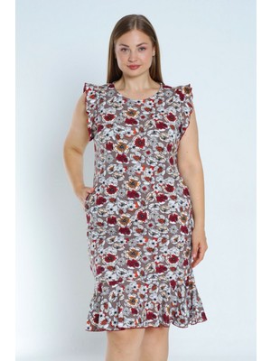 Intensive Collection Kadın Büyük Beden %100 Pamuk Desenli Cepli Kolu ve Eteği Fırfırlı Elbise