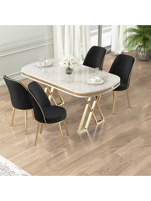 Lai Serisi 90X168 Lak Panel Beyaz Mermer Desen Masa ve 4 Siyah Sandalye Gold Kaplama Ayak