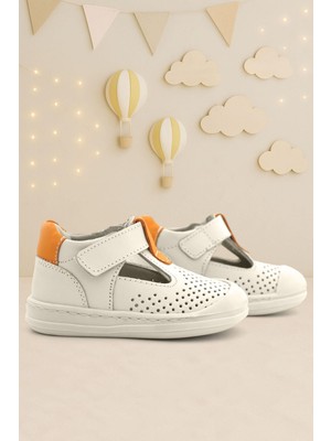 Rakerplus Shaun Hakiki Deri Bej Turuncu Cırtlı Anatomik Bebek Sandalet