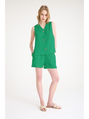 Keten Yazlık Yeşil Dekolteli Kolsuz Bluz Şort Ikili Takım