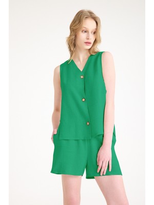 Keten Yazlık Dekolteli Kolsuz Bluz Şort Yeşil Ikili Takım