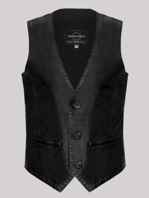 Deri Work Hakiki Deri Hakiki Deri Siyah Düğmeli Erkek Yelek