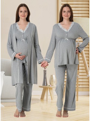 Dvina Effortt Lohusa Sabahlıklı Pijama Takımı Gri - 3054