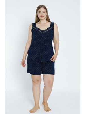 Lagertha By Intensive Kadın Büyük Beden Puantiyeli Gecelik Takımı Lacivert Esnek Viskon Kumaş ile Rahat Kullanım