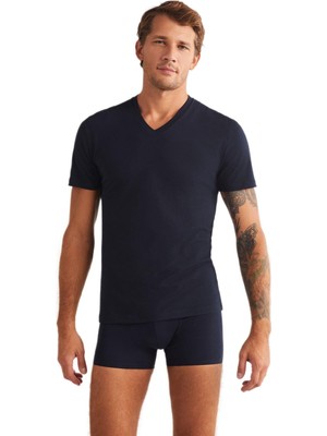 Kom Antonio Lacivert V Yaka Atlet T-Shirt