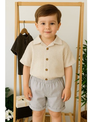 Miniğimin Cicileri Çizgili Gömlekli Erkek Çocuk 2 Li rahat takım - Gri