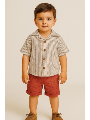 Miniğimin Cicileri Çizgili Gömlekli Erkek Çocuk 2 Li rahat takım - Kiremit