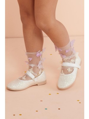 Çok Renkli  Kelebek Aplikeli Kız Çocuk Tül Çorap