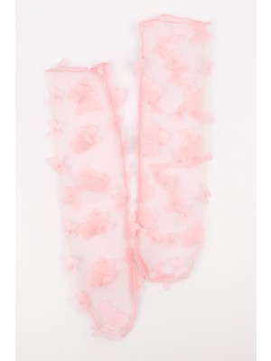 Pembe  Kelebek Aplikeli Kız Çocuk Tül Çorap