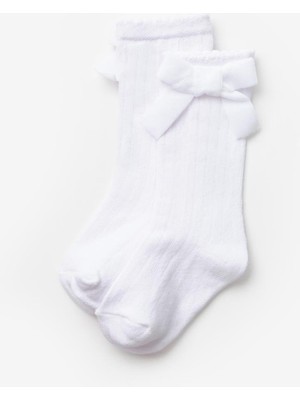 Beyaz  Kadife Fiyonklu Kız Çocuk Çorap