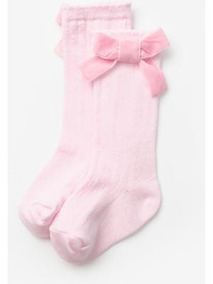 Pembe  Kadife Fiyonklu Kız Çocuk Çorap